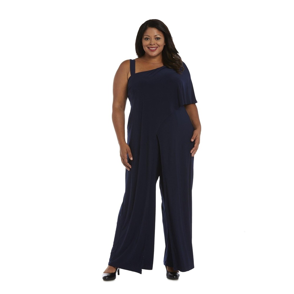 NWT R & M Richards Jumpsuit Women 22W Navy New One Shoulder Asymmetrical 3130W